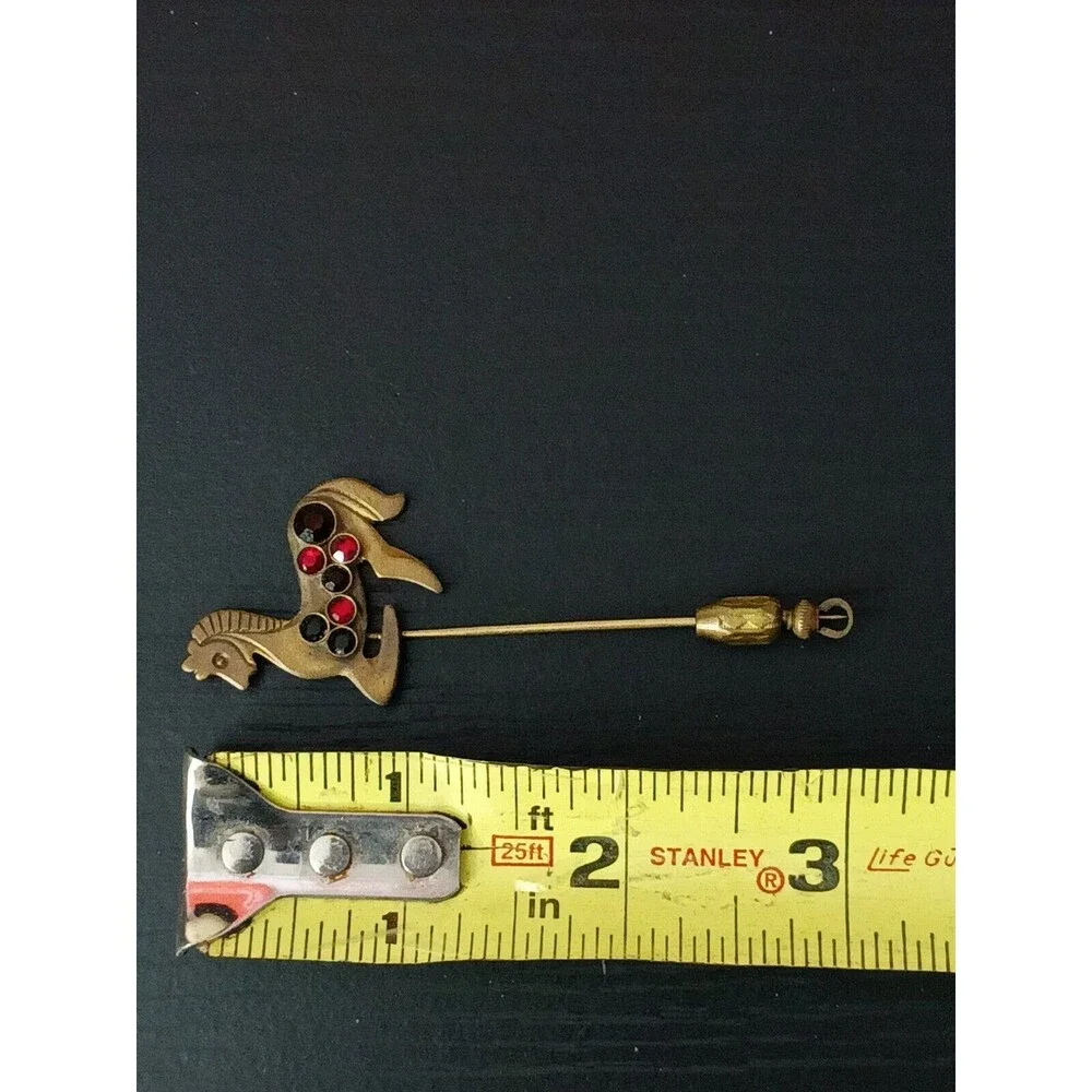 Brass Horse Red And Black Rhinestone Vintage Stick Pin